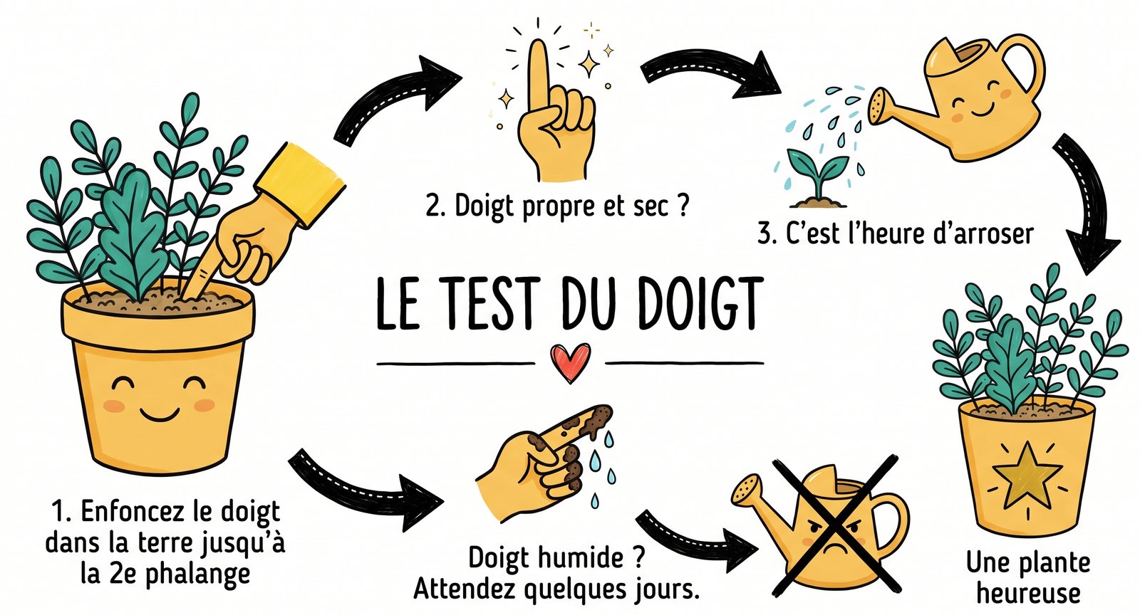 Le test du doigt : enfoncez le doigt dans la terre ; sec, on arrose ; humide, on attend.