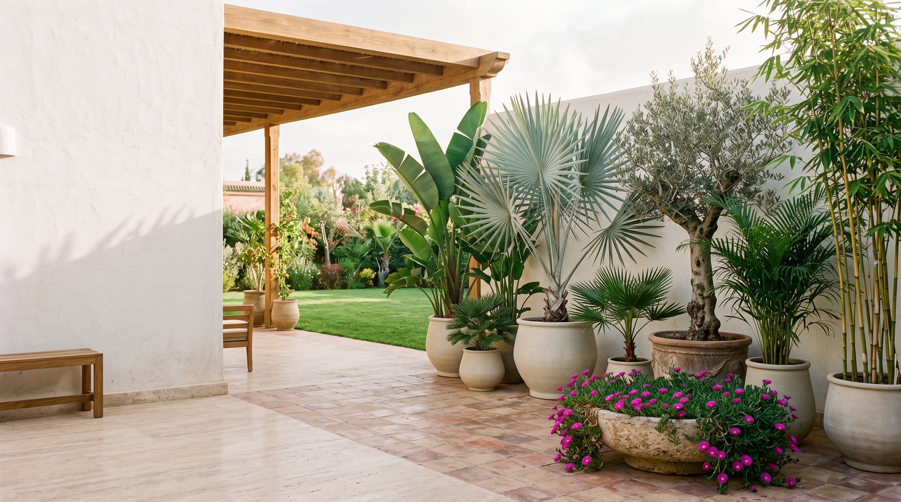 Terrasse de villa avec nos essences : Bismarckia, Strelitzia, olivier, bambou, Dypsis, Chamaerops, Drosanthemum et gazon Paspalum